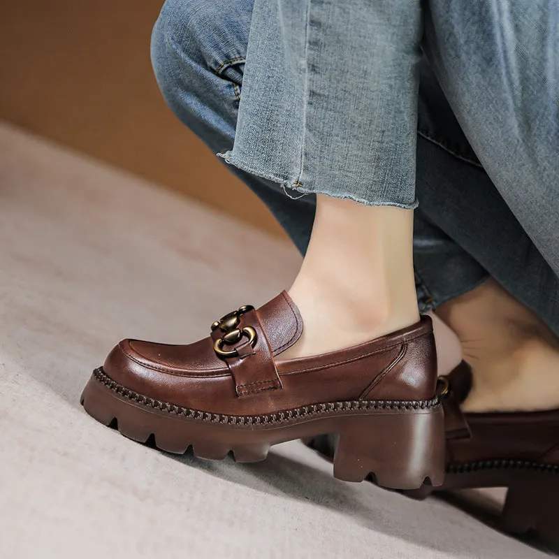 Women Retro Leather Thick Wedge Loafers