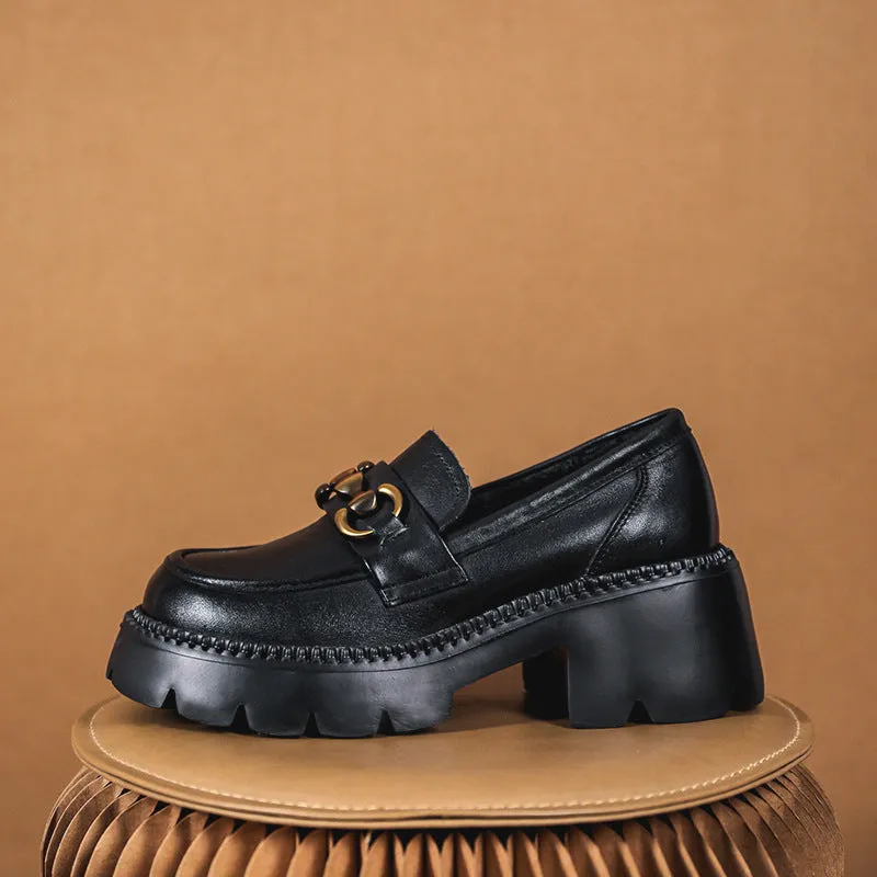 Women Retro Leather Thick Wedge Loafers