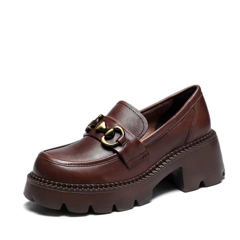 Women Retro Leather Thick Wedge Loafers