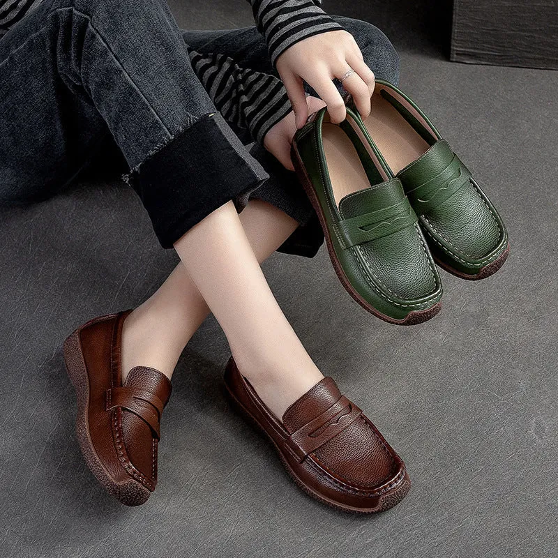 Women Retro Solid Leather Flat Casual Loafers