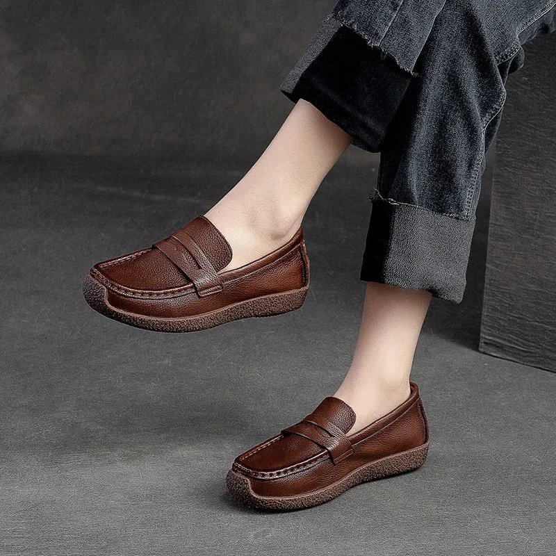 Women Retro Solid Leather Flat Casual Loafers