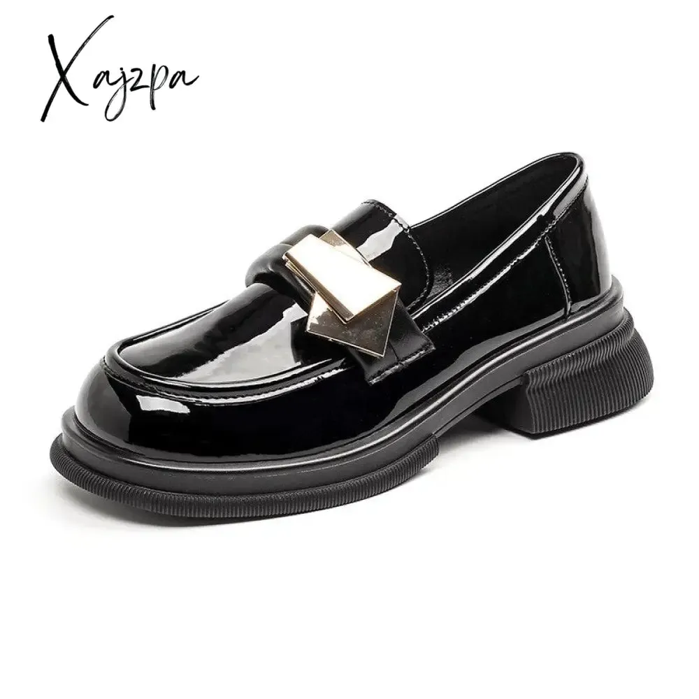 Xajzpa - 2023 spring new women's leather shoes British style Black loafers Fashionable metal decoration Party and work Casual shoes