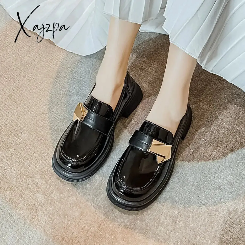 Xajzpa - 2023 spring new women's leather shoes British style Black loafers Fashionable metal decoration Party and work Casual shoes