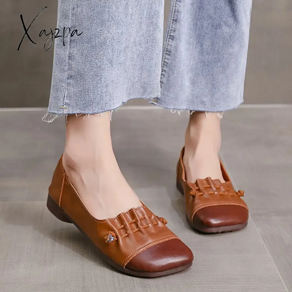 Xajzpa Women Flats Retro Shoes New Shallow Mouth Shoes Retro Slip On Fashion All-Match Women Shoes Women Casual Fashion Chaussure Femme